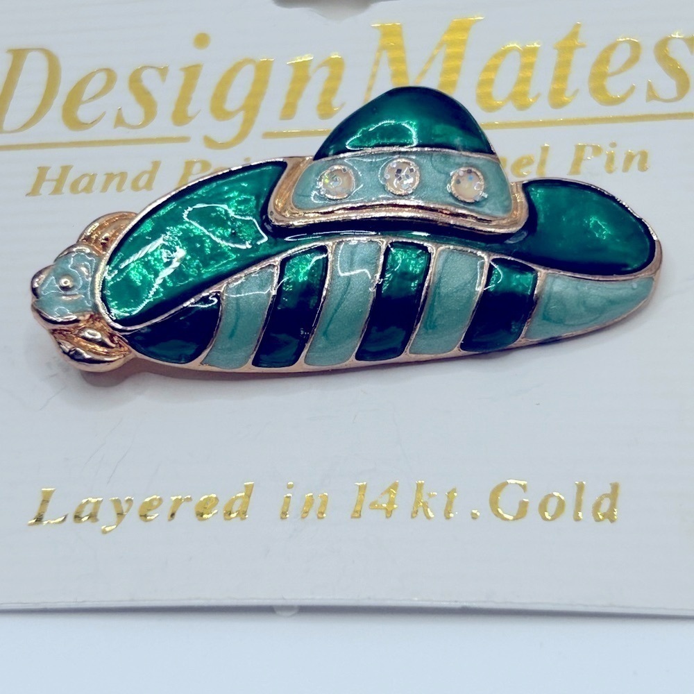 Vintage 14k Layered Gold Victorian Style Hat Brooch Green and Gold Pin - Picture 2 of 7